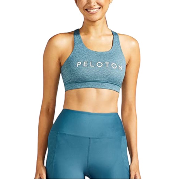 NEW Peloton Heathered Teal Blue Cutout Strappy Stretch Logo Sports Bra Size S - Picture 5 of 12